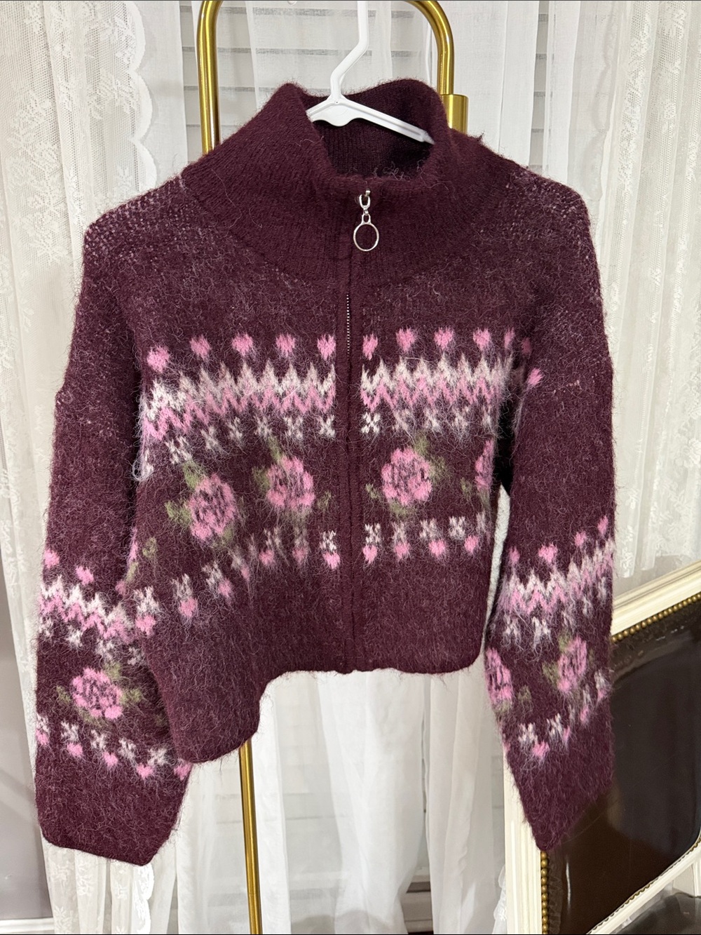 wild fable Burgundy Floral Zip-Up Turtleneck Sweater